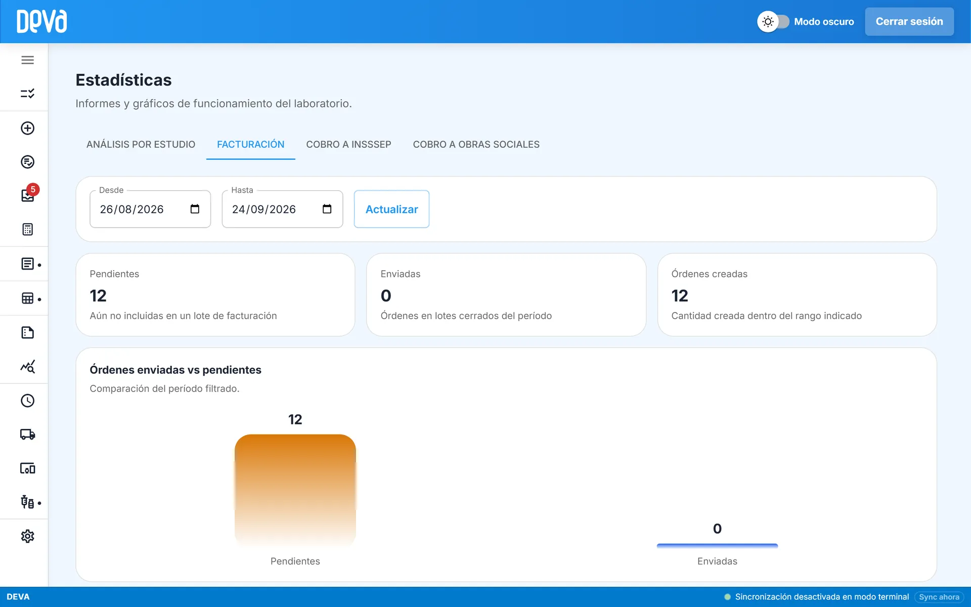Estadísticas de facturación en DEVA: órdenes pendientes, enviadas y creadas en el período