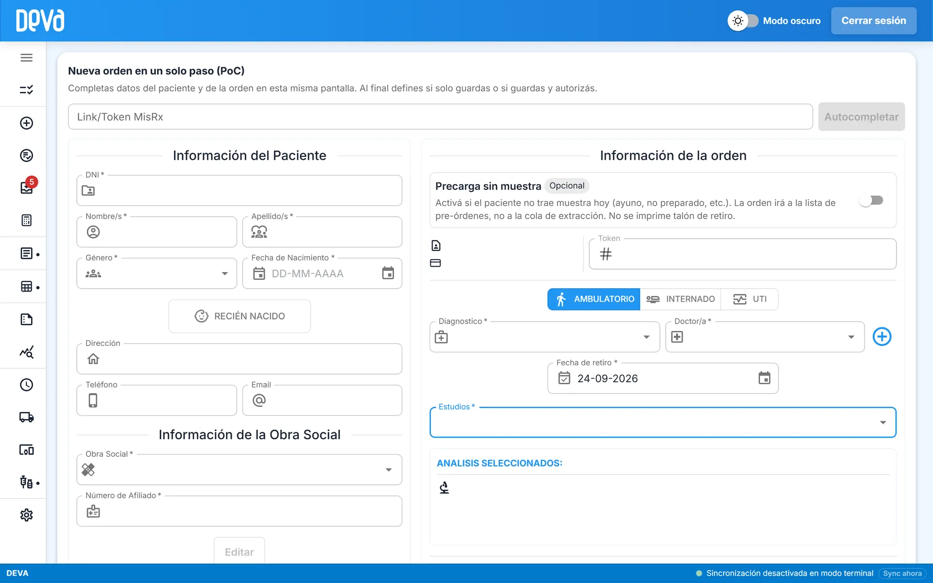 Nueva orden de DEVA con el campo para el link o token de MisRx