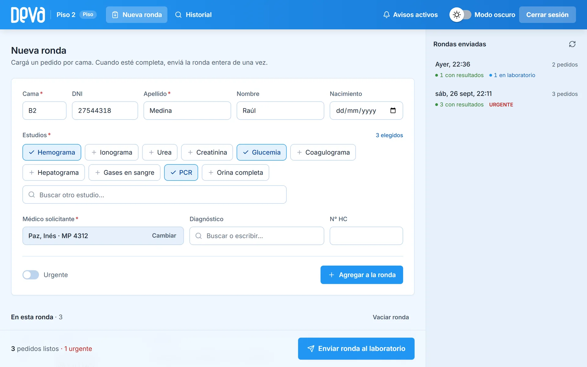 Portal pedidos.deva.ar: formulario de nueva ronda con cama, paciente, estudios y médico, y la lista de rondas enviadas (datos de ejemplo)